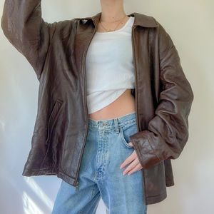 Vintage 80s/90s Chocolate Brown Collared Leather Aviator Bomber Jacket ✨